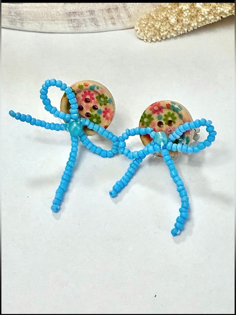 Floral Wood & Bead Bow Button Clip Earrings